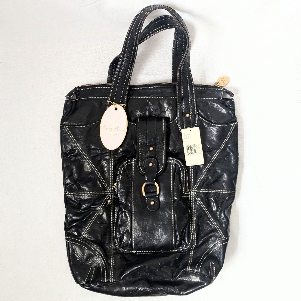NWT Tracy Reese Large Black Leather Tote Bag With White Stitches MSRP $595